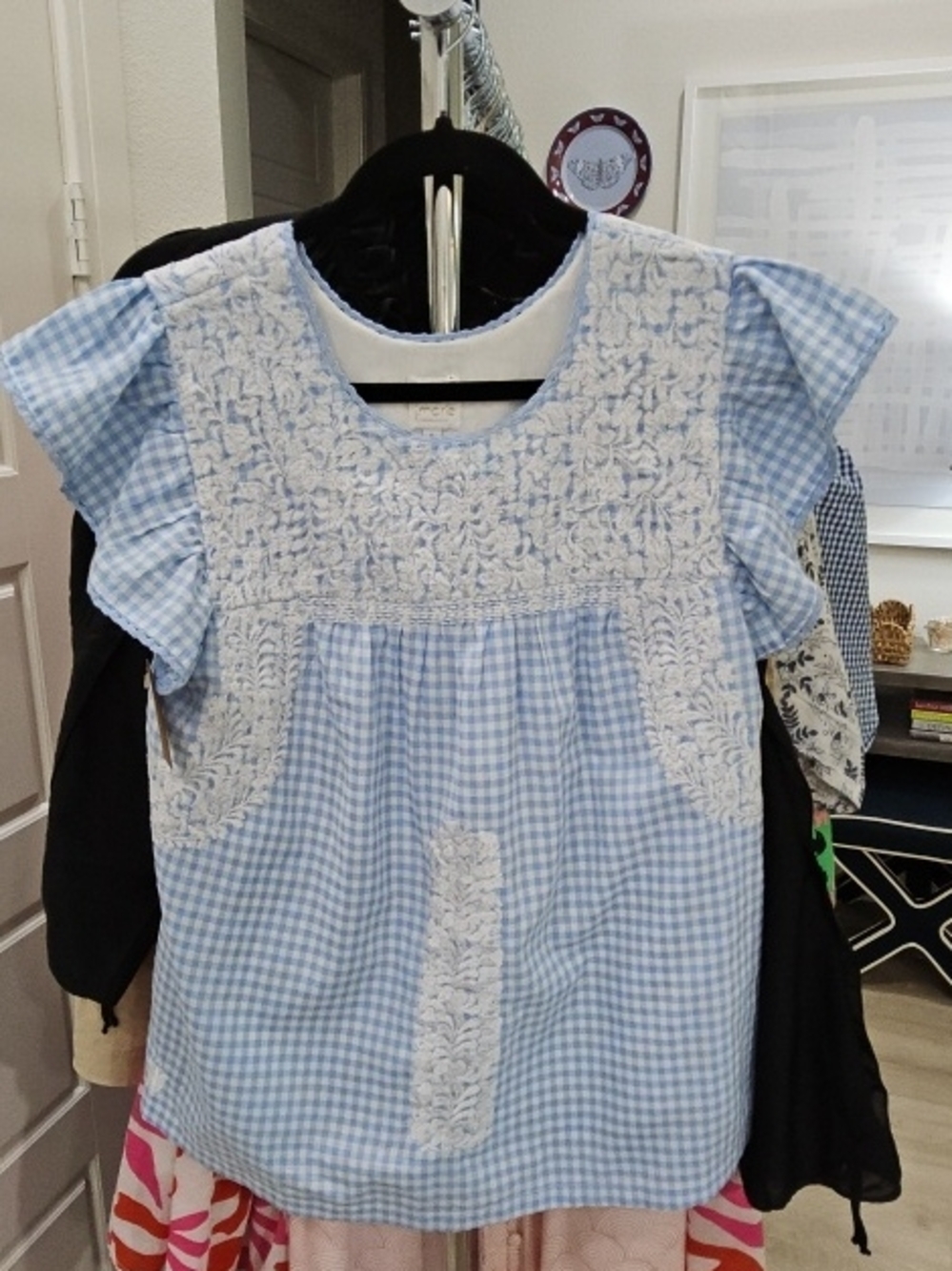 J Marie  Light Blue Gingham Smocked Flutter-Sleeve Blouse